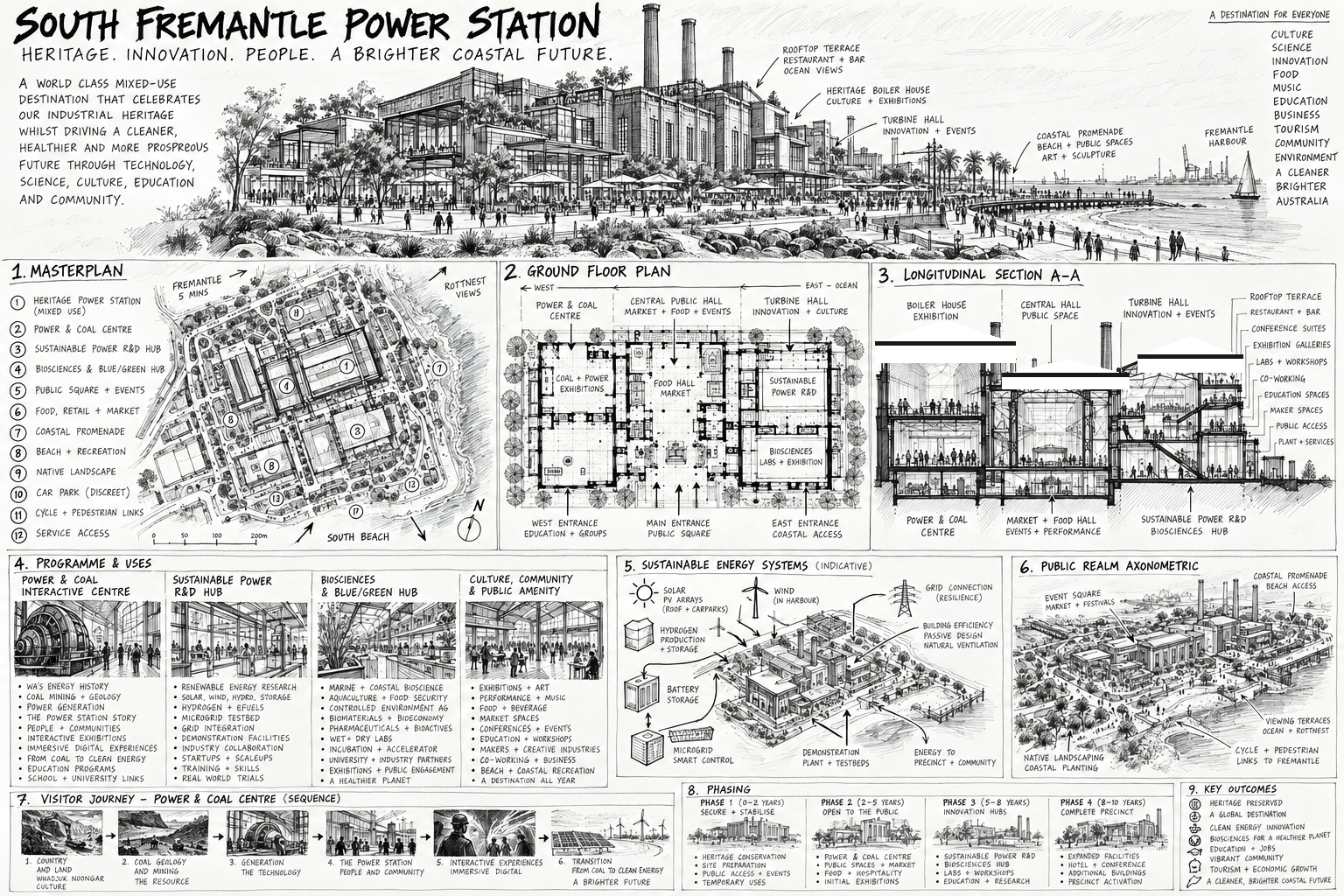 Black and white hand-drawn concept illustration of the South Fremantle Power Station and proposed PowerHouse precinct
